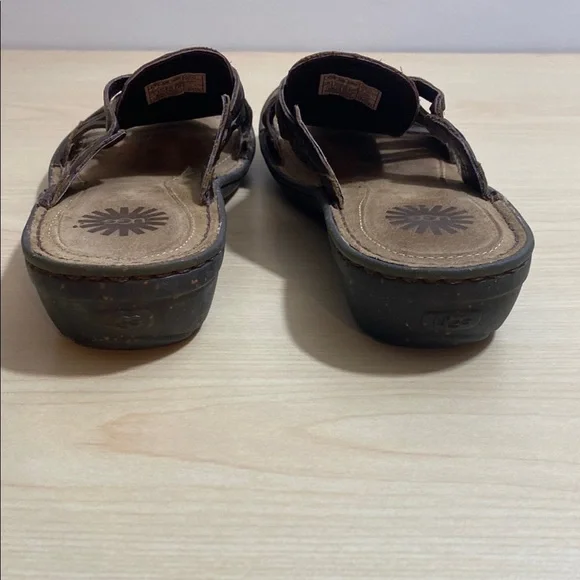 UGG Keala Brown Leather Slide on Sandals with Woven Design - Picture 3 of 10